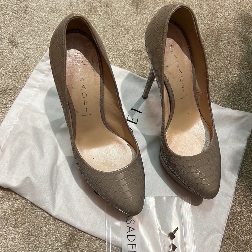 Casadei Grey Patent Leather Snake Skin Platform Pumps